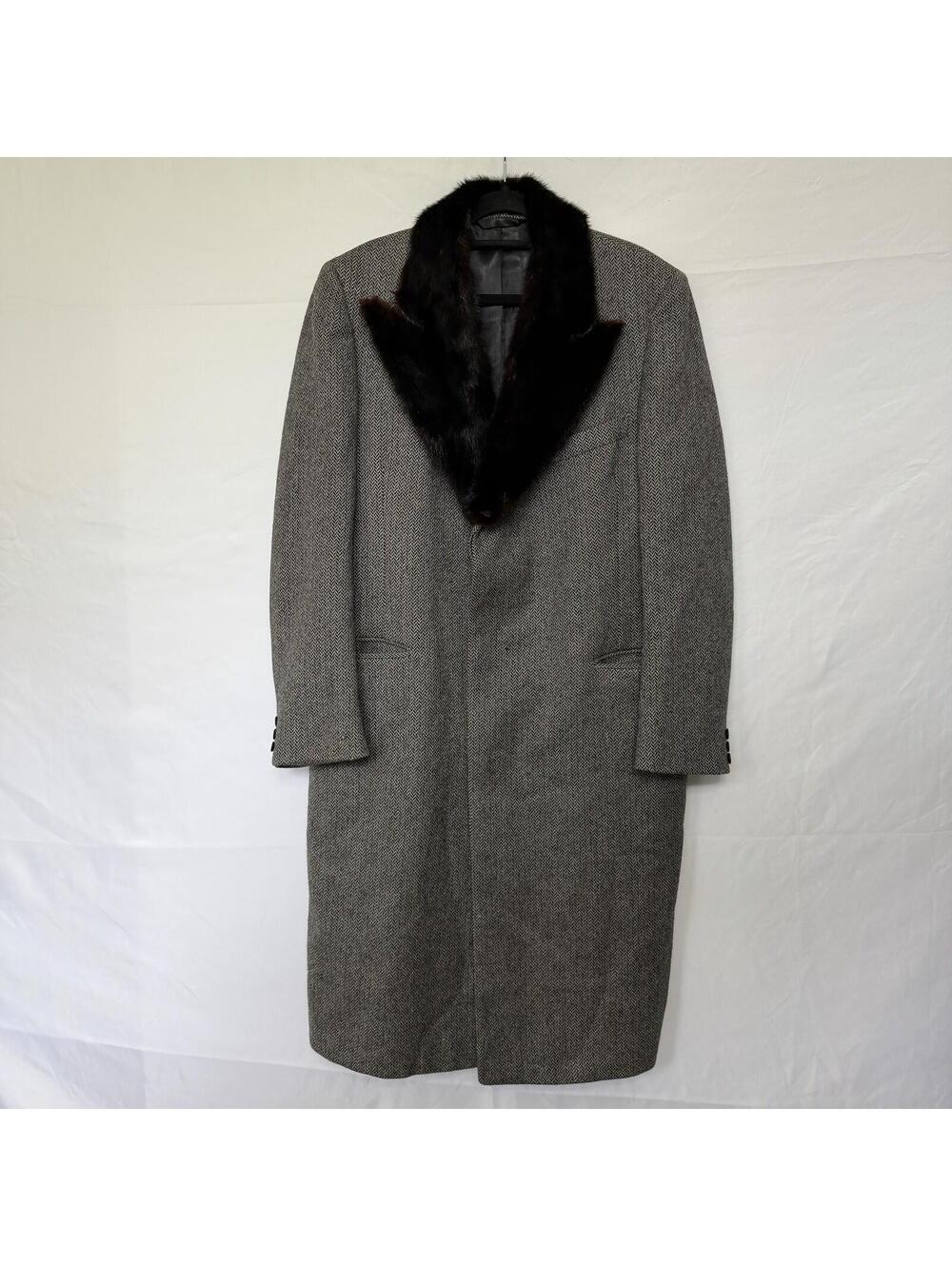 Vintage Leighton's NY Herringbone Wool Overcoat Dark Fur Collar Lined
